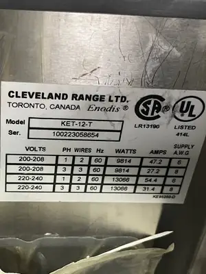 Used Cleveland Used Cleveland KET-12-T 12 Gallon Tilting 2/3 Steam Jacketed Electric Tabletop Kettle - 240V 3Ph Cooking Kettles Illinois US | Falcon Restaurant Supply #1375893