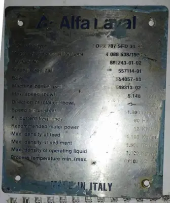 Alfa-Laval LOPX 707 SFD-34-60 clarifier centrifuge, SS.