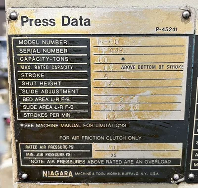 USED 1992 NIAGARA NIAGARA M-60 PRESS