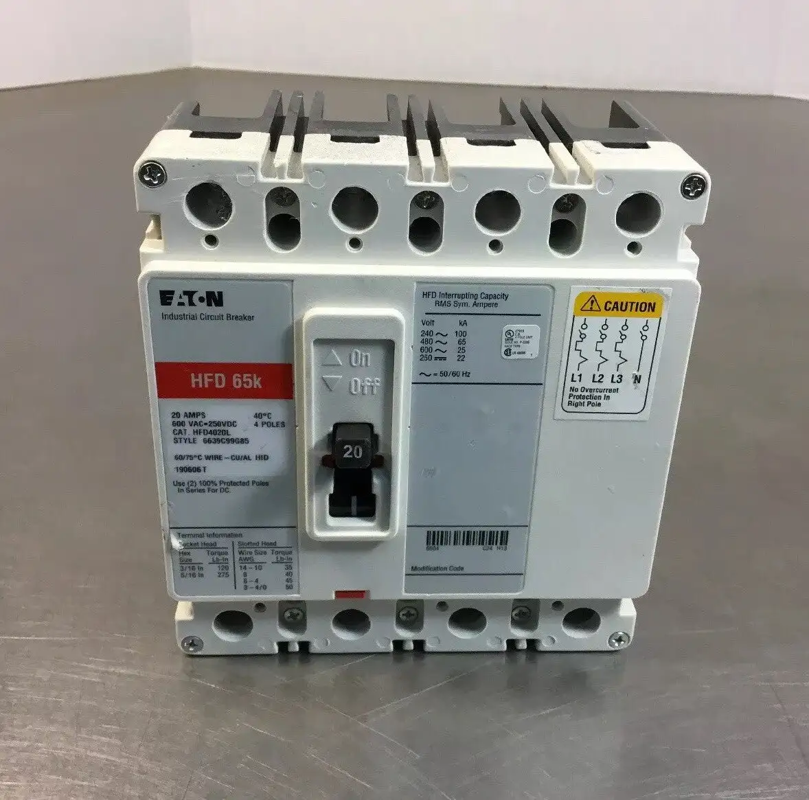 Eaton Cutler-Hammer HFD4020L 20A Circuit Breaker HFD 65K 600V 4 Poles 4F