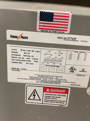 Federal Pacific Cat. # WS-2 460-460Y/266 15kva Transformer