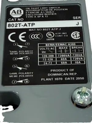 ALLEN BRADLEY 802T-ATP OIL TIGHT LIMIT SWITCH 802TATP SER. J NEW, SURPLUS