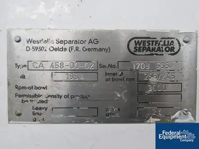 USED Westfalia Westfalia CA458-00-02 Decanter Centrifuge, S/S