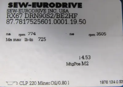 NEW SEW EURODRIVE RX67 DRN90S2/BE2HF GEARMOTOR 4.53:1 2HP RX67DRN90S2BE2HF