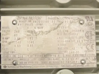 Sumitomo SM Cyclo Gearmotor 5:1 Ratio 350rpm 1Hp 240/480V 3PH 80M TC-FXPA