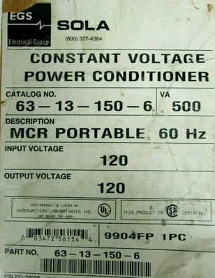 NEW SOLA 63-13-150-06 CONSTANT VOLTAGE POWER CONDITIONER 631315006