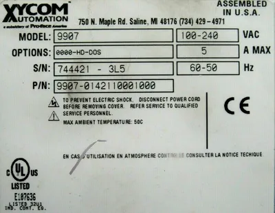 USED XYCOM 9907 COMPUTER 9907-0000-HD-DOS 9907-0142110001000