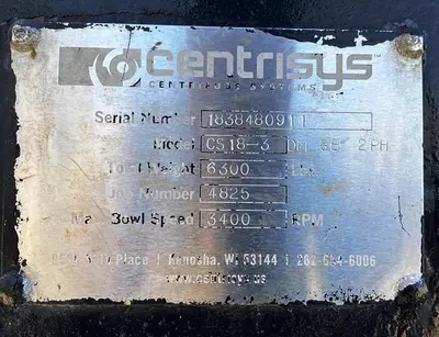 Centrisys CS 18-3 decanter centrifuge, 316SS.