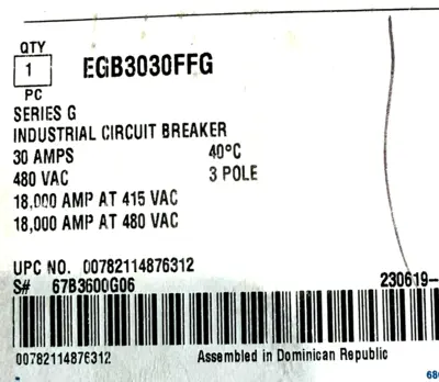 NEW EATON EGB3030FFG CIRCUIT BREAKER 480VAC 30 AMP 3 POLE SER.G