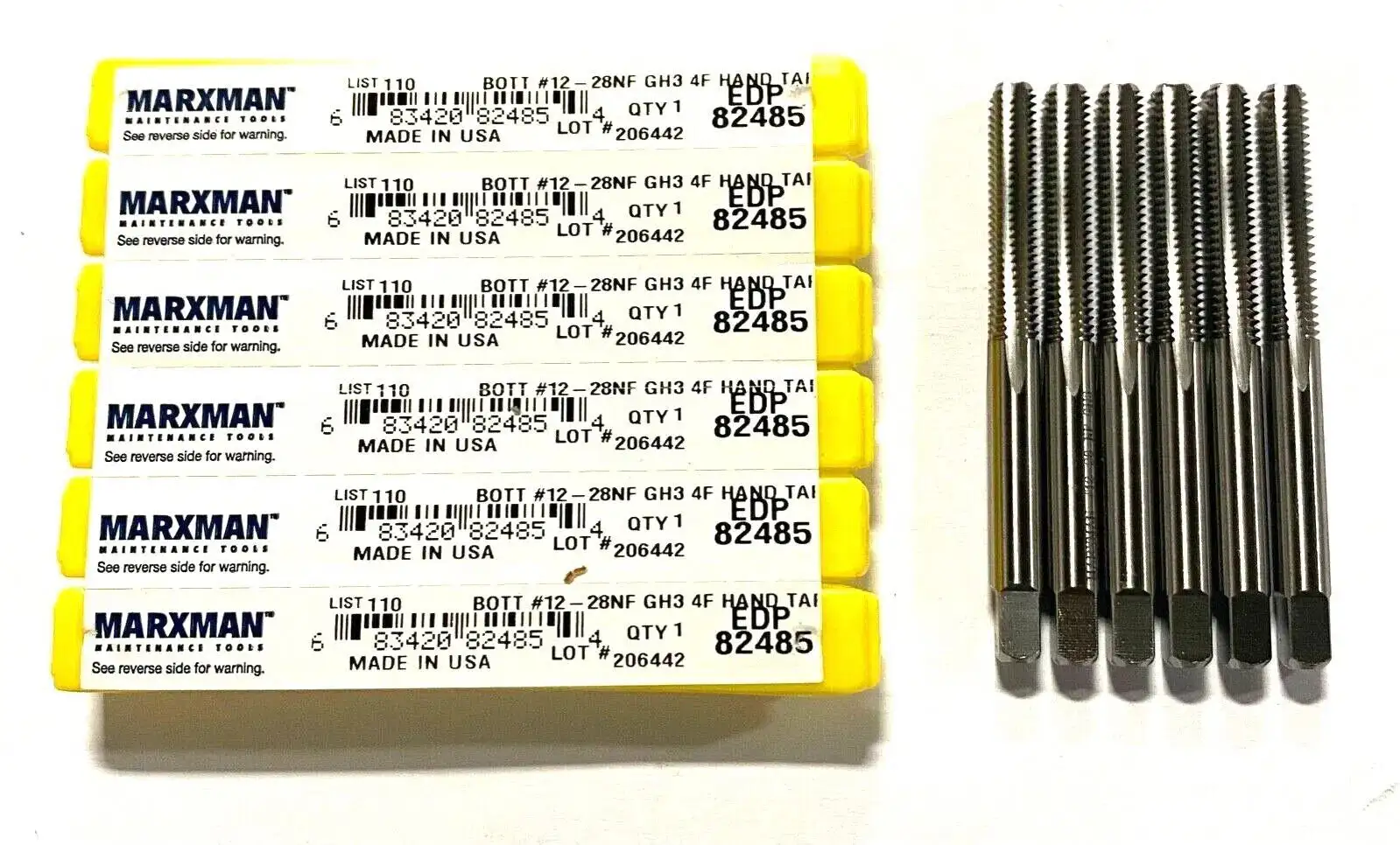 Marxman 12-28 Hand Tap HSS Bottoming Taps GH3 4 Flute USA Made 6 Pack 82485