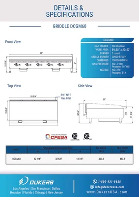 New | in-Stock Dukers New Dukers DCGM60 60 in. W Flat Top Griddle with 5 Burners Commercial Flat Top Griddles Illinois US | Falcon Restaurant Supply #1376252