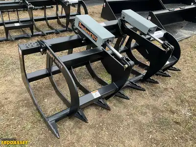 New Tomahawk 72” brush grapple attachment, two hydraulic grapple arms, skid steer quick attach