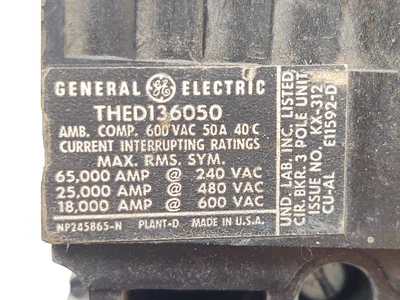 🔥 THED136050 General Electric 50 Amp 3 Pole 600V Circuit Breaker
