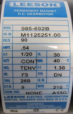 NEW LEESON M1125251.00 MOTOR 90VDC 985-692B 210:1