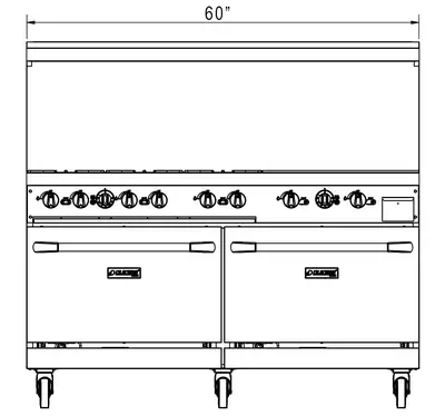 New | in-Stock Dukers New Dukers DCR60-6B24GM 60" Gas Range with Six (6) Open Burners & 24" Flat Top Griddle Commercial Ranges Illinois US | Falcon Restaurant Supply #1376298