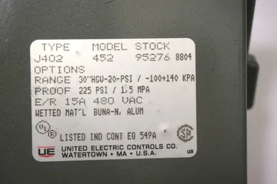NEW UNITED ELECTRIC J402-452 PRESSURE SWITCH J402452