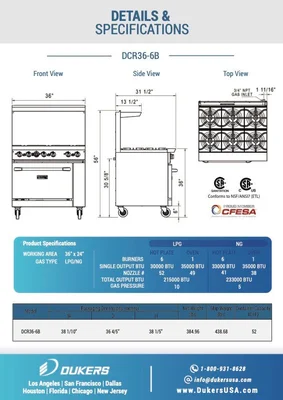 New | in-Stock Dukers New Dukers DCR36-6B 36" Gas Cooktop Range with Six (6) Open Burners Commercial Ranges Illinois US | Falcon Restaurant Supply #1376299