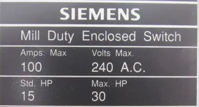 NEW SIEMENS F323M SAFETY SWITCH 100A 240VAC 3-POLE