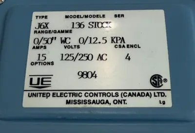 NEW UNITED ELECTRIC J6X 136 STOCK PRESSURE SWITCH 15AMPS J6X136