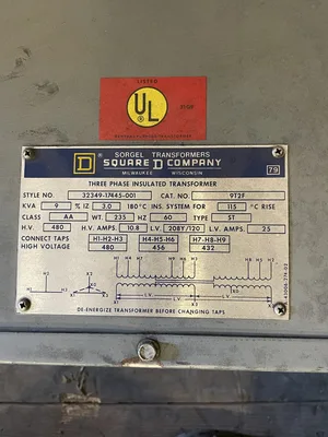 Square D 9T2F Insulated Transformer 9kVA 480V 208/120V 3PH 60Hz