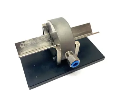USED MAHR DIMENSIONAIR 2-JET AIR RING GAUGE W/ GUIDE CHUTES & BASE PLATE