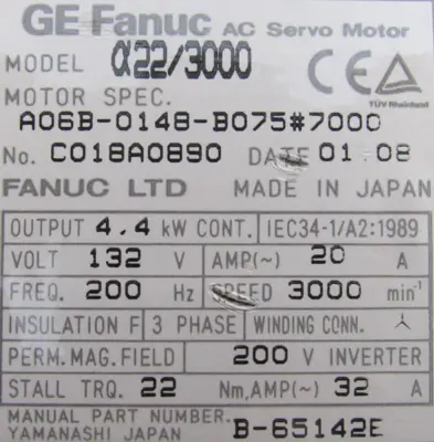 NEW GE FANUC A06B-0148-B075#7000 SERVO MOTOR A22/3000 A06B0148B0757000