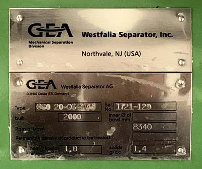 Westfalia CSC 20-06-476 hydro-hermetic clarifier skid.