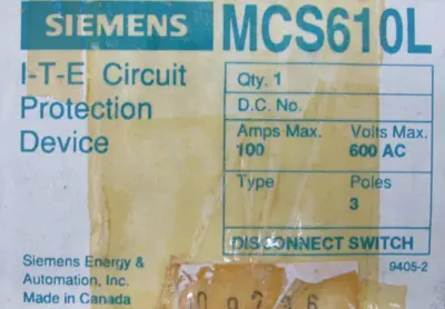 NEW SIEMENS MCS610L DISCONNECT SWITCH 100A