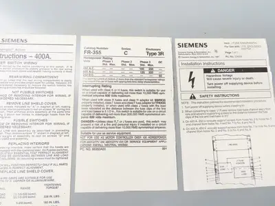 Siemens FR355 I-T-E Safety Disconnect Switch 400A 600V 3 Pole Fused Rainproof 3R