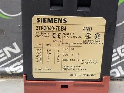 Siemens 3TK2040-7BB4 Miniature Contactor 4NO 24VDC Used