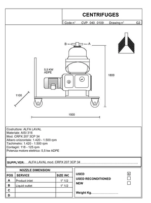 Alfa-Laval CRPX 207-SGP-34 clarifier centrifuge, 316SS.