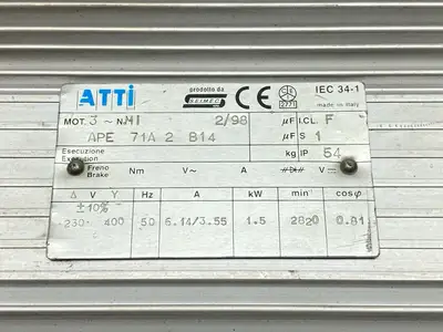 USED ATTI 3-PHASE MOTOR 6.14/3.55A 230/400V 1.5KW APE71/2 B14