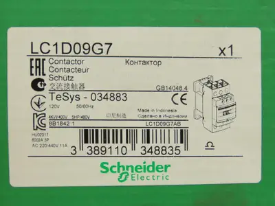 Schneider LC1D09G7 Contactor 120V Coil 9A 600VAC 3PH 1NO/1NC 8Hp
