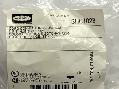 SHC1023 | Hubbell  Cord Connector 1/2" NPT 0.38"-0.50" - New