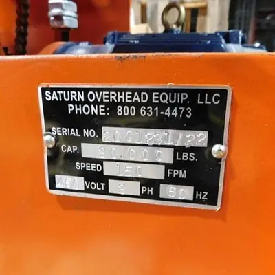 Used SATURN OVERHEAD EQUIPMENT 30,000 POUND HOIST Miscellaneous Packaging Equipment Pennsylvania US | Global Equipment International, LLC #192147