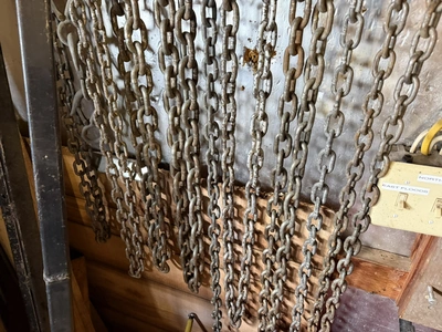 Lot of assorted chains with hook ends, and (1) cable winch puller, 4000 lb. capacity.