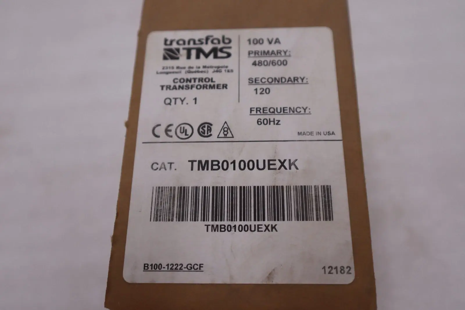 TRANSFAB TMS TMB0100UEXK CONTROL TRANSFORMER 480/600 60HZ - STOCK GF1040