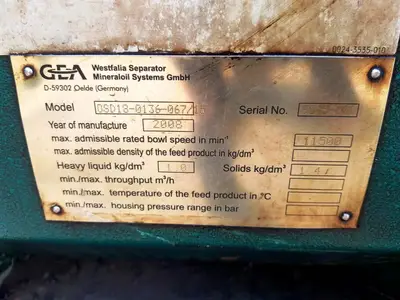 Westfalia OSD 18-0136-067/15 fuel oil purifier, SS.