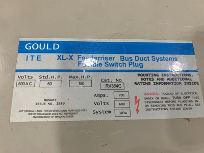 Gould XL-X RV364G Fusible Bus Plug 200 Amp, 600V, 150 HP