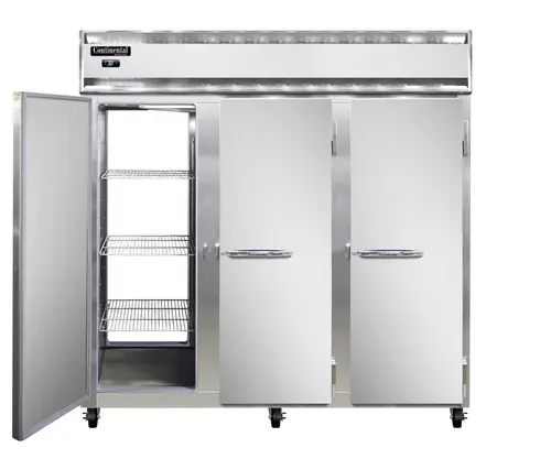 Continental 3RNPT 78" Three Section Pass Thru Refrigerator, (6) Left/right Hinge Solid Doors, Top Compressor, 115v