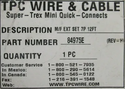 NEW TPC WIRE & CABLE 84975E CABLE M/F EXTENSION 12FT 16AWG 7POLE