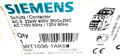 NEW SIEMENS 3RT10361AK64 CONTACTOR 3ZX1012-0RT03-1AA1