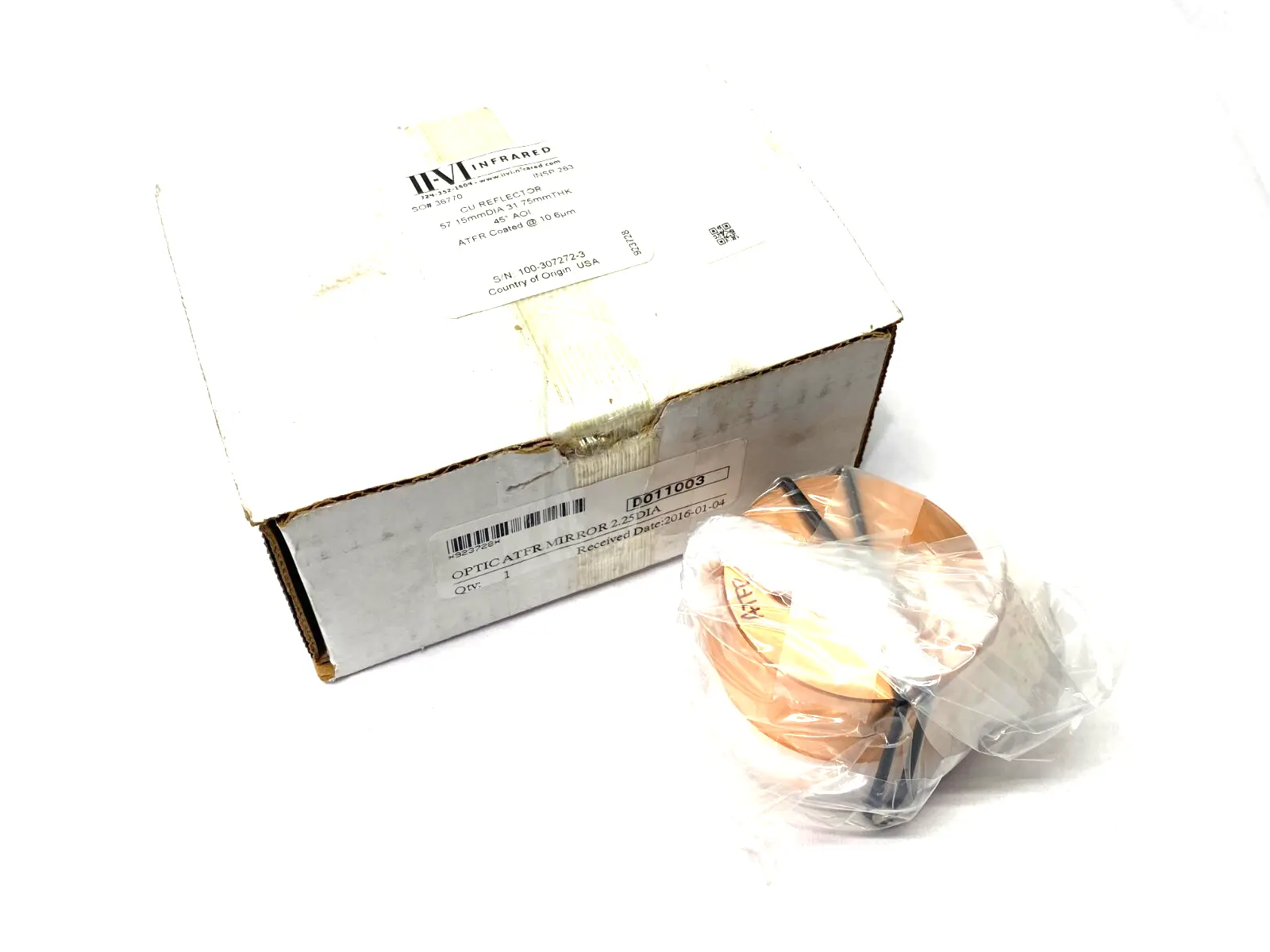 USED II-VI INFRARED CU REFLECTOR 57.15MM DIA. 31.75MM THICK, 45 DEGREE AOI