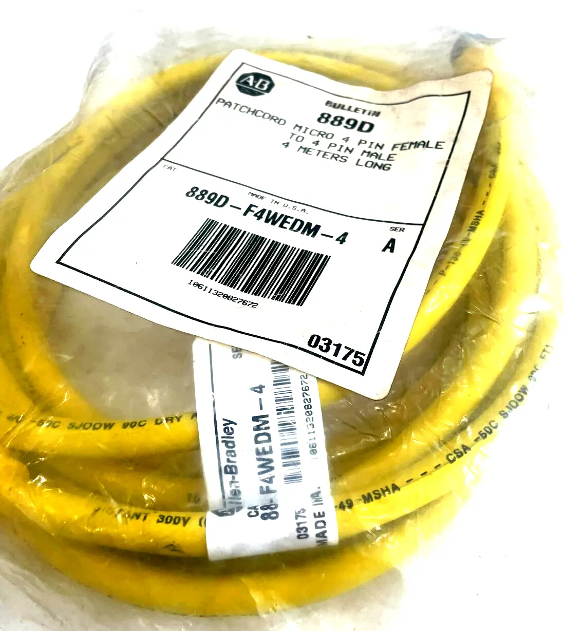 A / B 889D-F4WEDM-4 PATCHCORD SER. A 4 METERS 889DF4WEDM4 NEW, SURPLUS