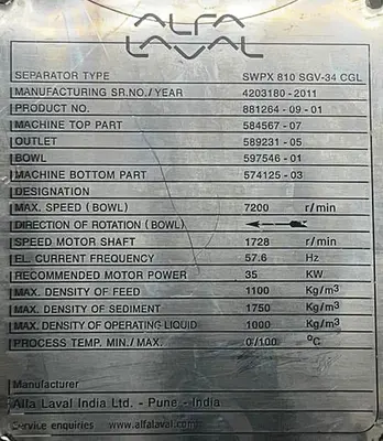 Alfa-Laval SWPX 810 SGV-34CGL clarifier centrifuge, 316SS.