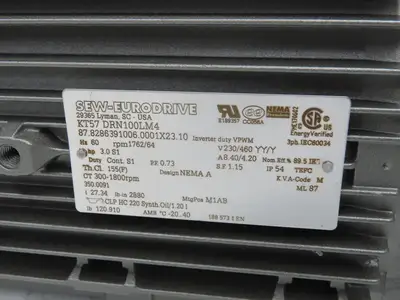 Sew Eurodrive KT57 DRN100LM4 Gearmotor 3Hp 230/460V 64rpm 27.34:1 Hollow Shaft