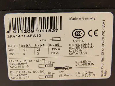 Siemens 3RV1431-4EA10 Manual Motor Starter Circuit Breaker 22A-32A 3PH 600VAC