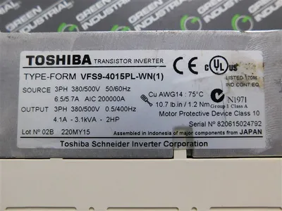 Toshiba VFS9-4015PL-WN(1) Transistor Inverter 2HP 3.1kVA 4.1A 0.5/400Hz Used
