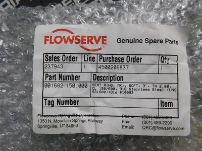 Flowserve 001682.150.000 Seat Ring MK1 Soft 3" TN 2.62 CL150/600 316 Stainless Steel New