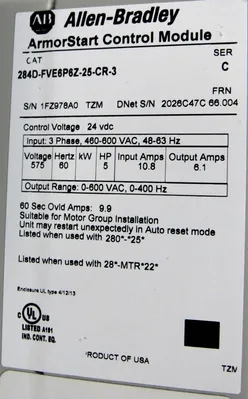 USED ALLEN BRADLEY 284D-FVE6P6Z-25-CR-3 CONTROL MODULE 284DFVE6P6Z25CR3